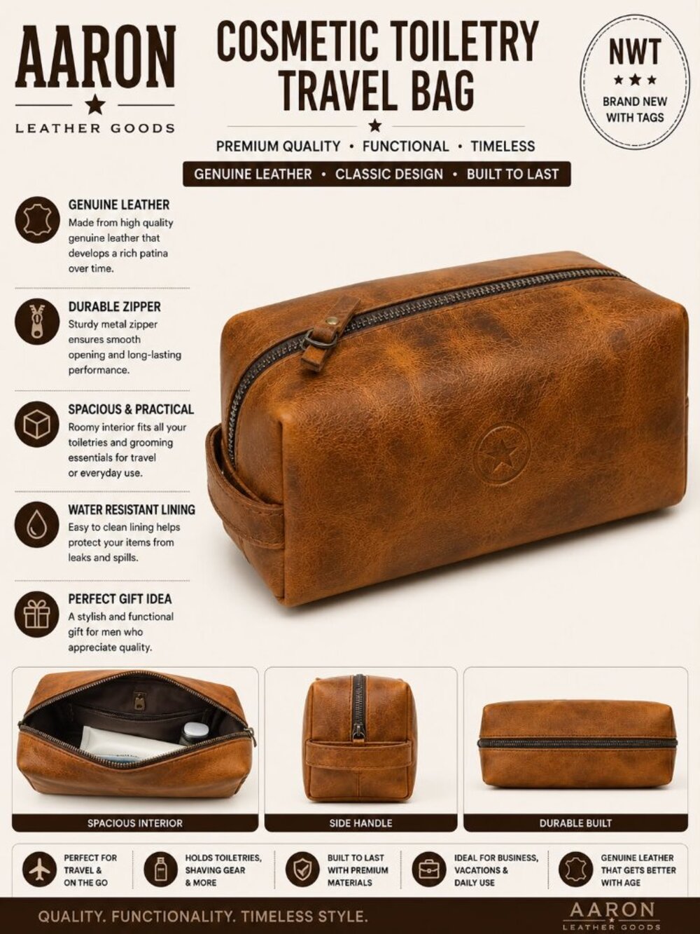 NWT Aaron Leather Goods Cosmetic Toiletry Bag Travel Dopp Kit Tan